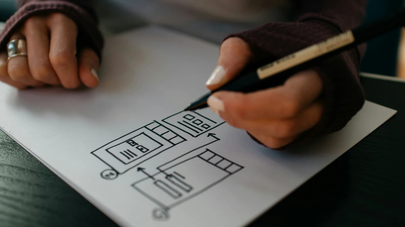 Mains dessinant un wireframe d'application au stylo sur papier